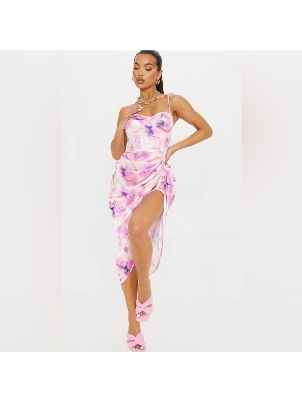 PrettyLittleThing Pink & Purple Watercolour Ruched High-Low Midi Dress